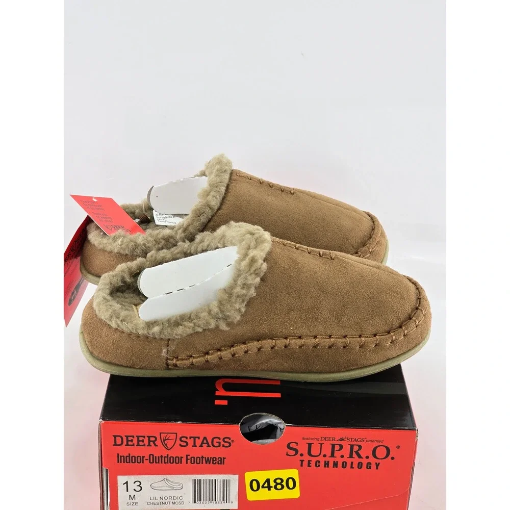 Deer Stags Lil Nordic Kids Size 13 Chestnut Suede Faux Fur Slippers - New